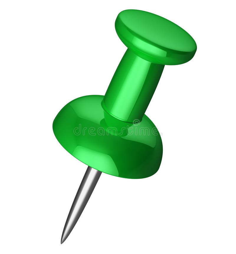 Green office pushpin or thumbtack for business paperwork isolated on white background. Green office pushpin or thumbtack for business paperwork isolated on white background