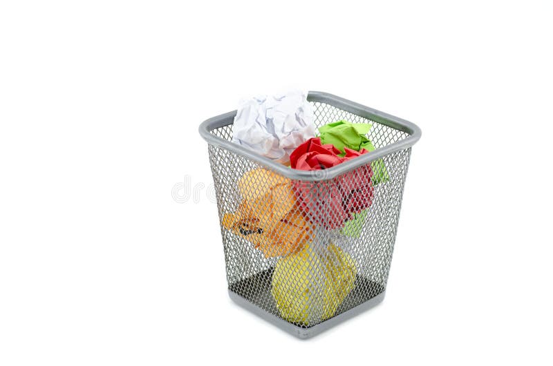 Green,red,white,and yellow crumple paper on metal dustbin.isolated white background. Green,red,white,and yellow crumple paper on metal dustbin.isolated white background