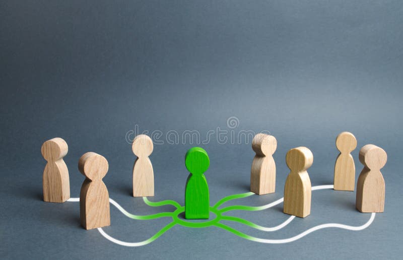 The green figure of a person unites other people around him. Call for cooperation, creating a new team. Leader and leadership, coordination and action, Social connections, communication. Organization. The green figure of a person unites other people around him. Call for cooperation, creating a new team. Leader and leadership, coordination and action, Social connections, communication. Organization