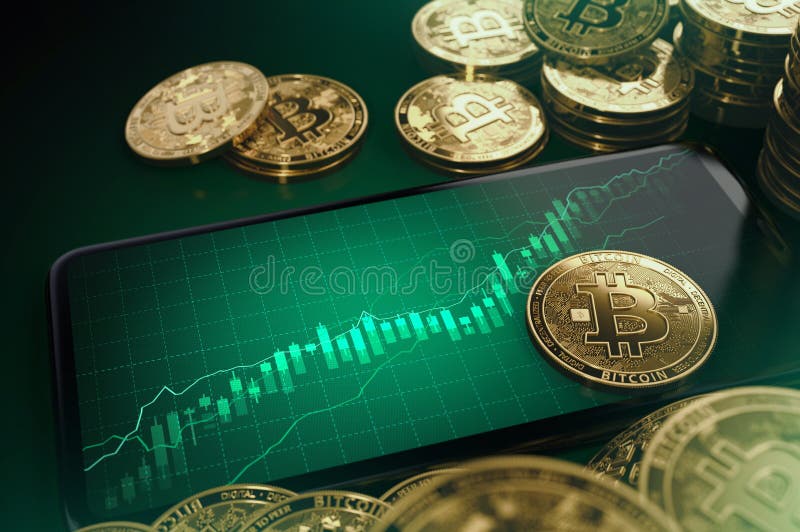 Зеленые диаграммы показывая рост Bitcoin Хорошая концепция условия фондовой биржи Bitcoin перевод 3d иллюстрация вектора