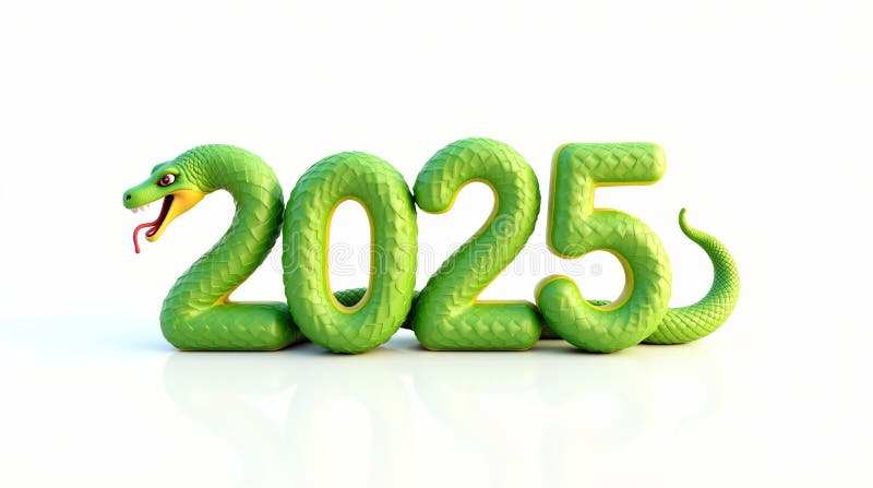 зеленые числа 2025 года с изолированной змеей на белом фоне 3d букет. символ китайского нового 2025 года иллюстрация штока