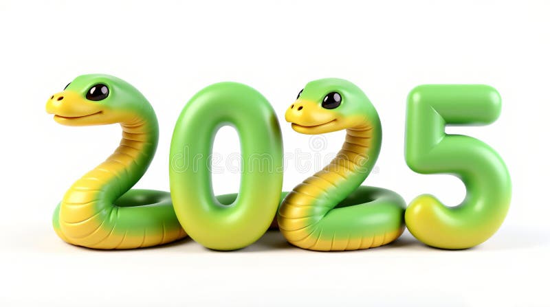 зеленые числа 2025 года с изолированной змеей на белом фоне 3d букет. символ китайского нового 2025 года иллюстрация вектора