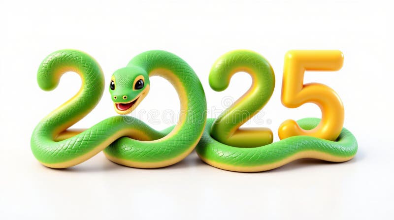 зеленые числа 2025 года с изолированной змеей на белом фоне 3d букет. символ китайского нового 2025 года иллюстрация штока
