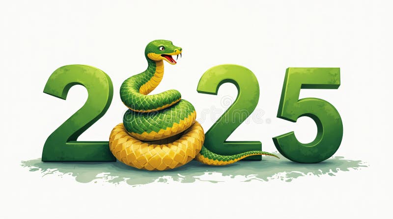 зеленые числа 2025 года с изолированной змеей на белом фоне 3d букет. символ китайского нового 2025 года иллюстрация штока