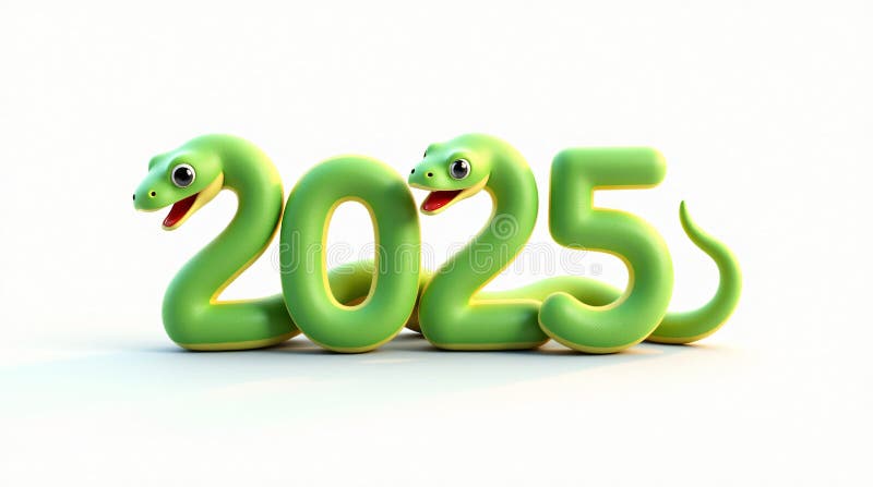 зеленые числа 2025 года с изолированной змеей на белом фоне 3d букет. символ китайского нового 2025 года иллюстрация штока