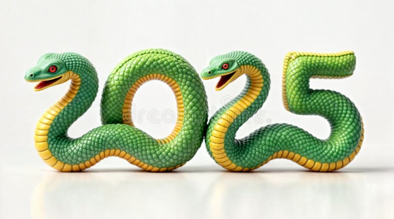 зеленые числа 2025 года с изолированной змеей на белом фоне 3d букет. символ китайского нового 2025 года иллюстрация штока