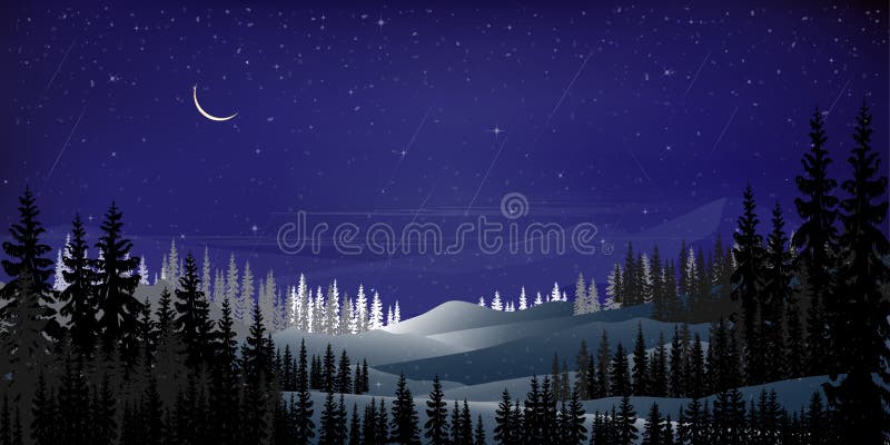 Зима в звездной ночи с луной, звездами и блестящими серповидной кометой упал более чем за горой и сосновыми лесами темной ночи
