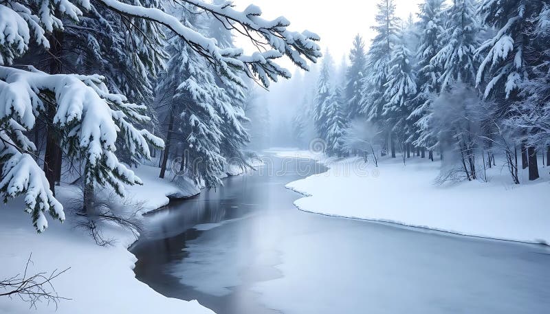 зимний речной пейзаж заснеженные деревья стоковое фото