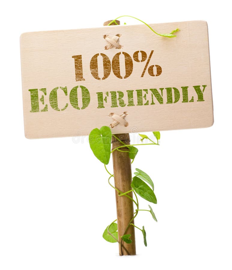 Eco friendly sign message on a wooden panel and green plant - image is isolated on a white background. Eco friendly sign message on a wooden panel and green plant - image is isolated on a white background