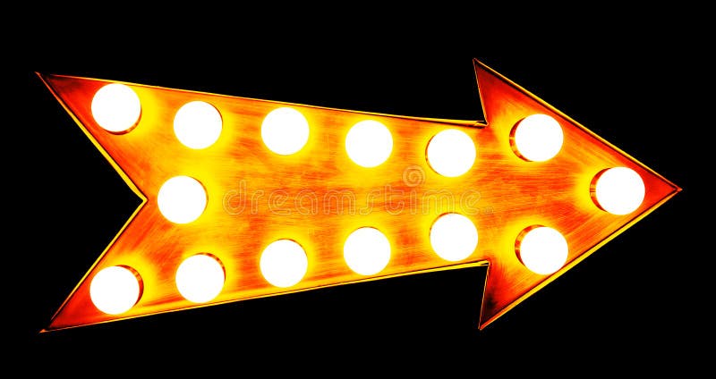 Orange, yellow and reddish golden vintage bright and colorful illuminated metallic display arrow sign with glowing light bulbs isolated on a wide seamless black dark background. Orange, yellow and reddish golden vintage bright and colorful illuminated metallic display arrow sign with glowing light bulbs isolated on a wide seamless black dark background.