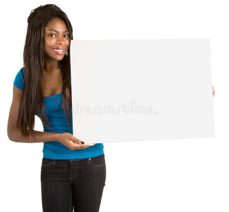 A beautiful African American woman is holding a blank white sign. A beautiful African American woman is holding a blank white sign.