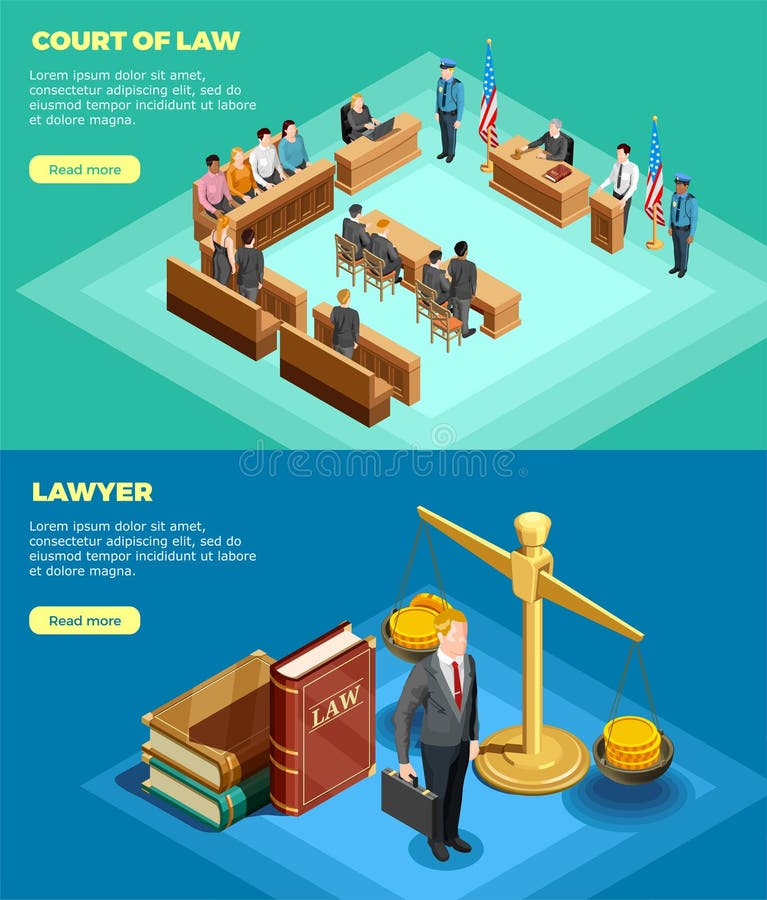 Set of two horizontal law banners with isometric compositions of court proceedings with read more button vector illustration. Set of two horizontal law banners with isometric compositions of court proceedings with read more button vector illustration