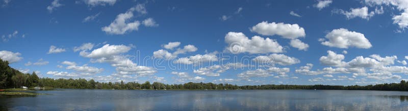 Quiet fishing lake panorama with clouds and sky. Unique panoramic banner image with peaceful and serene water. This lake is a secret fishing hole for bass fishermen. Quiet fishing lake panorama with clouds and sky. Unique panoramic banner image with peaceful and serene water. This lake is a secret fishing hole for bass fishermen.