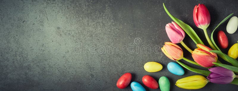 Знамя пасхи с красочными яичками и тюльпанами стоковая фотография rf