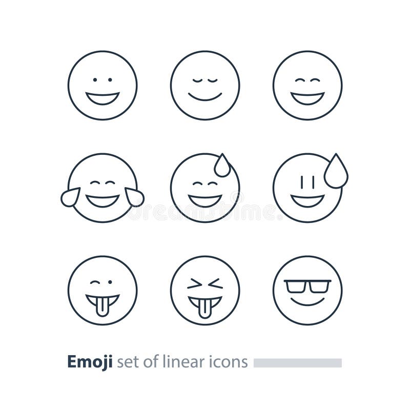 Значки Emoji, символы смайлика, знаки выражения стороны, minimalistic дизайн иллюстрация штока