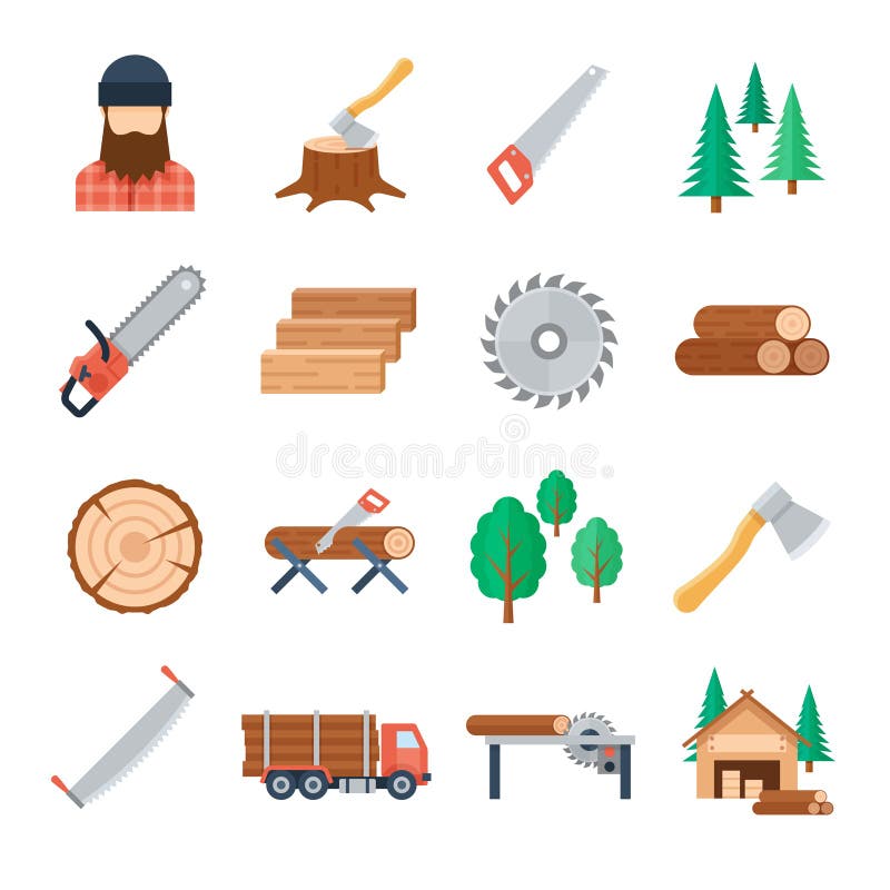 Значки lumberjack вектора установленные в плоский стиль иллюстрация штока Значки lumberjack вектора установленные в плоский стиль иллюстрация штока