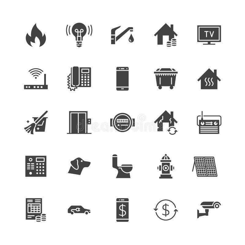Public utilities flat glyph icons. Rent receipt, electricity water, gas, house heating, CCTV, overhaul, garbage vector illustrations. Signs for utility invoice. Solid silhouette pixel perfect 64x64. Public utilities flat glyph icons. Rent receipt, electricity water, gas, house heating, CCTV, overhaul, garbage vector illustrations. Signs for utility invoice. Solid silhouette pixel perfect 64x64.