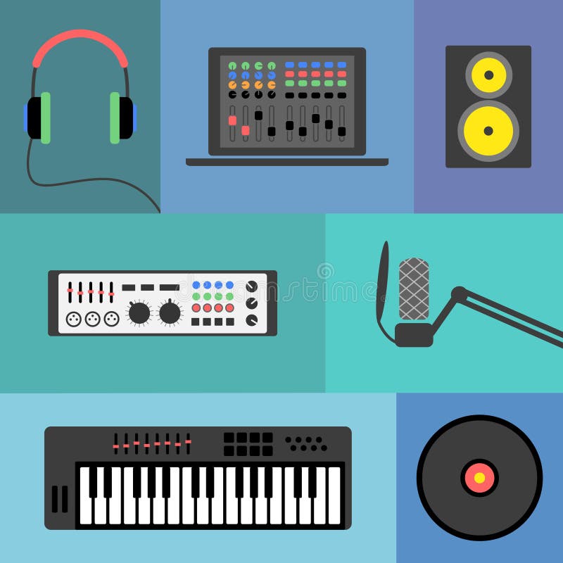 Vector music production flat icon set. Speaker laptop headphones microphone amplifier plate synthesizer. Vector music production flat icon set. Speaker laptop headphones microphone amplifier plate synthesizer.