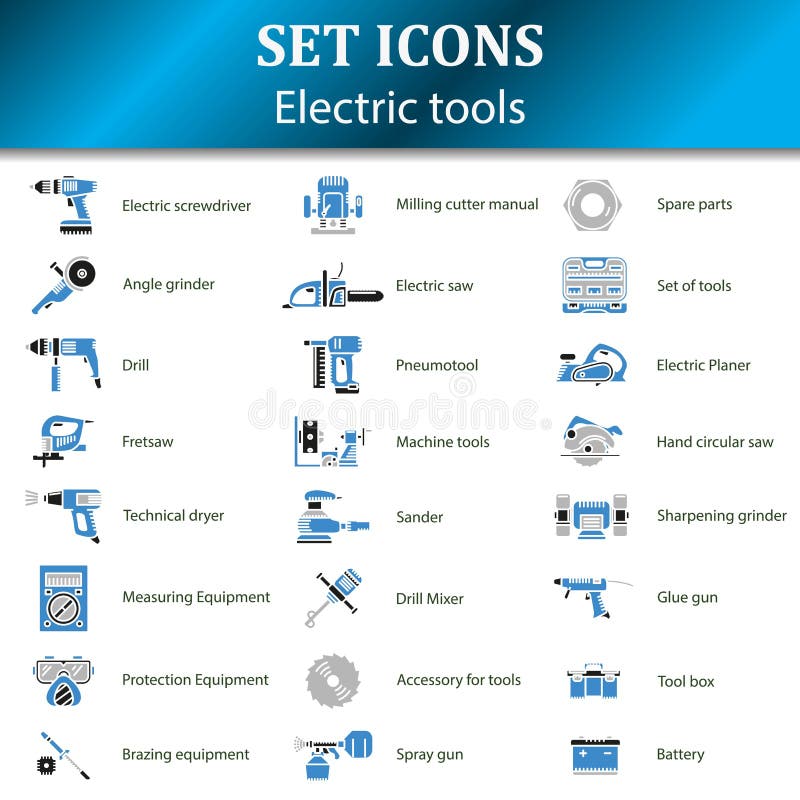 Icons of different electric tools for sections of goods in an online store. Vector Illustration. Icons of different electric tools for sections of goods in an online store. Vector Illustration