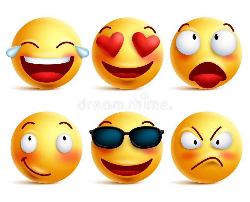 Значки стороны Smiley или желтые смайлики с эмоциональными смешными сторонами. Значки стороны Smiley или желтые смайлики при эмоциональные смешные стороны в лоснистое реалистическом 3D изолированные в белой предпосылке также вектор иллюстрации притяжки corel
