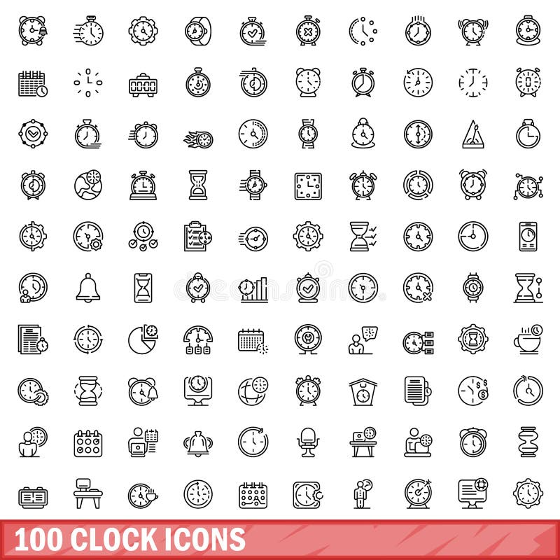 100 clock icons set. Outline illustration of 100 clock icons vector set isolated on white background. 100 clock icons set. Outline illustration of 100 clock icons vector set isolated on white background