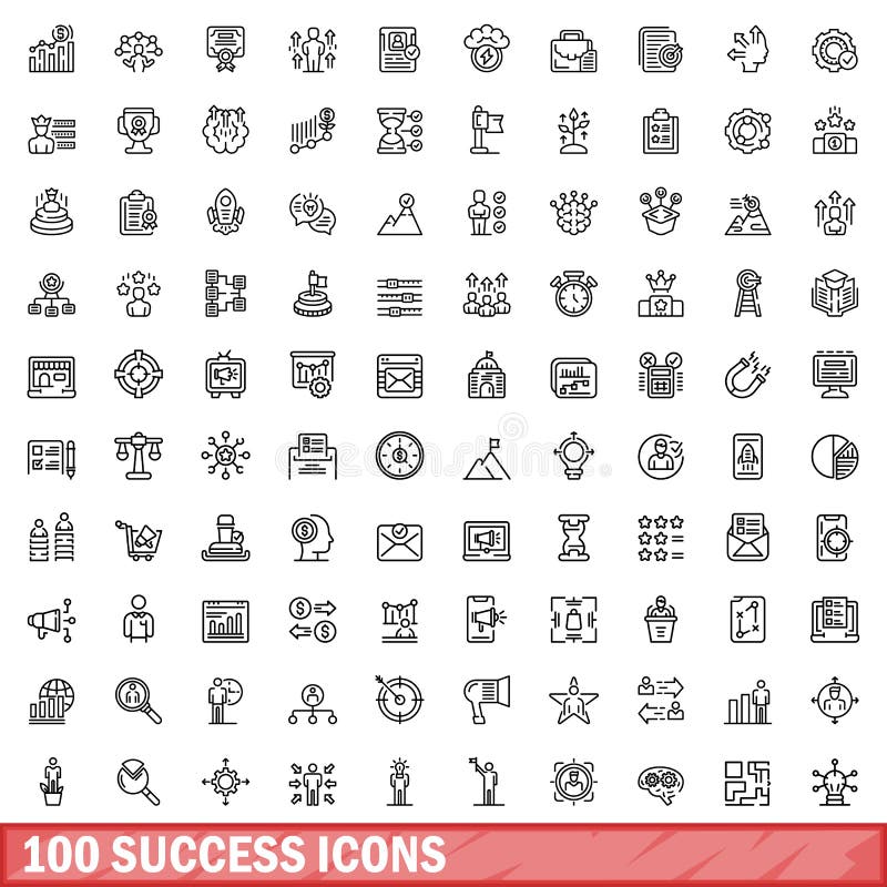 100 success icons set. Outline illustration of 100 success icons vector set isolated on white background. 100 success icons set. Outline illustration of 100 success icons vector set isolated on white background