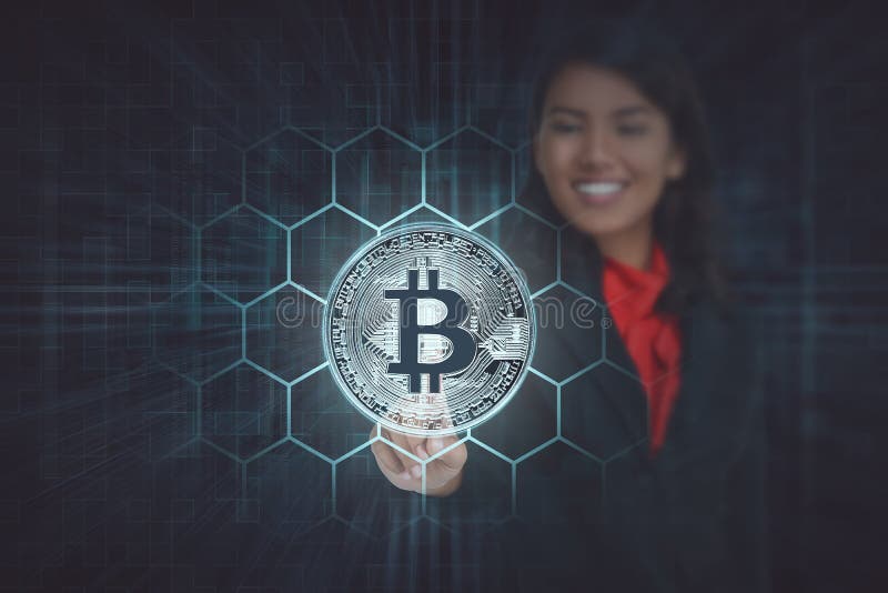 Значок bitcoin коммерсантки касающий виртуальный стоковые фото Значок bitcoin коммерсантки касающий виртуальный стоковые фото