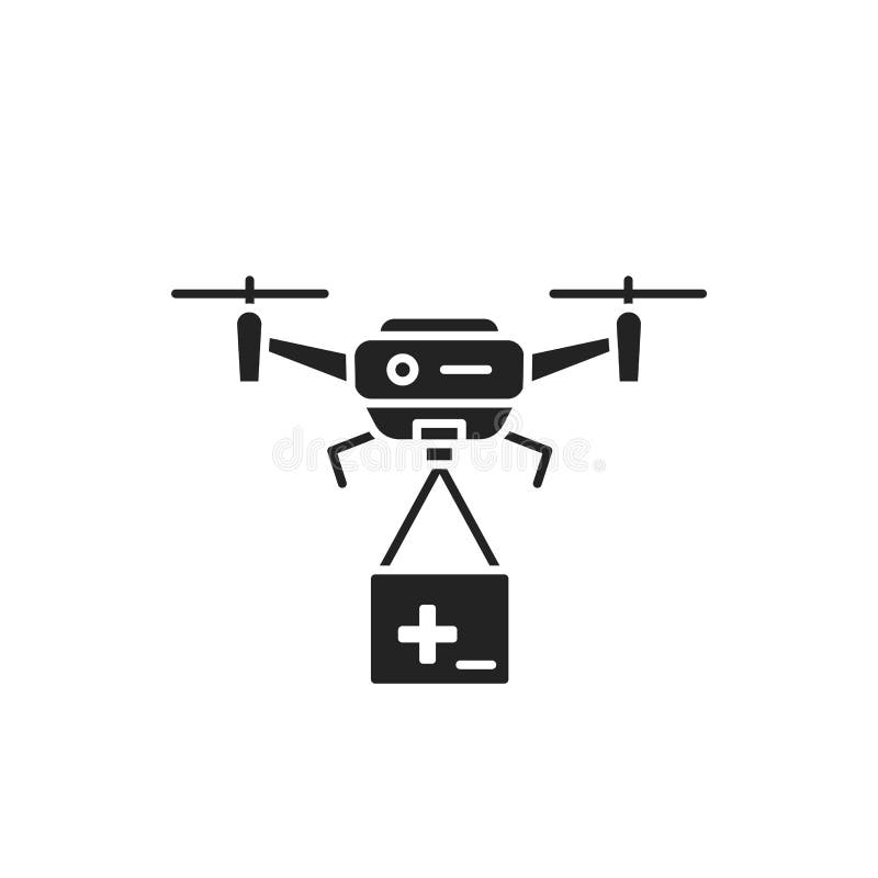 Значок glyph медицинской помощи беспилотника черный. Первая помощь с quadcopter. Концепция устройства воздушных судов. Знак для за бесплатная иллюстрация
