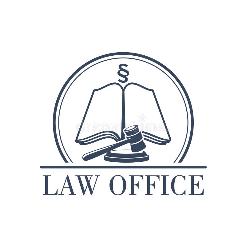 Legal office or center icon with symbol of judge gavel, justice law code, silcrow section sign or paragraph on open book. Lawyer or advocate emblem for attorney or advocacy and juridical counsel or notary company. Legal office or center icon with symbol of judge gavel, justice law code, silcrow section sign or paragraph on open book. Lawyer or advocate emblem for attorney or advocacy and juridical counsel or notary company