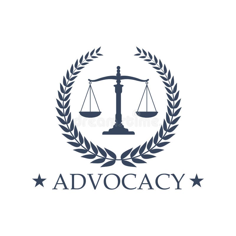 Advocacy emblem and symbol Scales of Justice for juridical or notary company. Sign or badge for law attorney, legal advocate or lawyer office. Vector isolated icon of heraldic laurel wreath and stars. Advocacy emblem and symbol Scales of Justice for juridical or notary company. Sign or badge for law attorney, legal advocate or lawyer office. Vector isolated icon of heraldic laurel wreath and stars