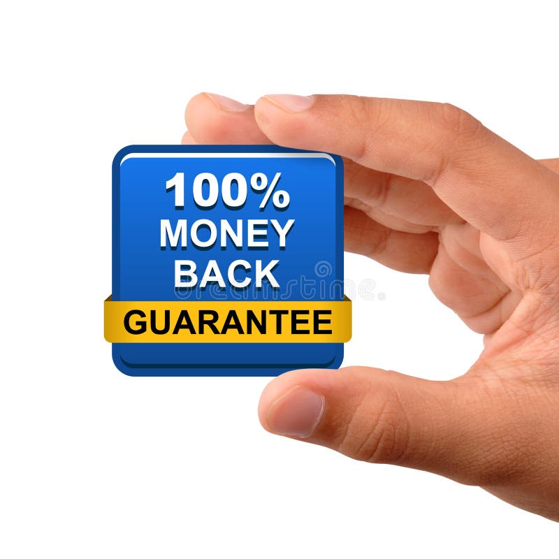 Hand showing 100% money back guaranteeicon web button on isolated white background. Hand showing 100% money back guaranteeicon web button on isolated white background