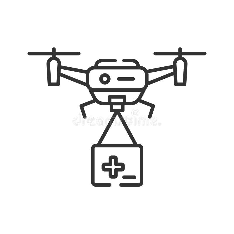 Значок медицинской помощи беспилотника черная линия Первая помощь с Quadcopter Концепция устройства воздушных судов Знак для веб- иллюстрация штока