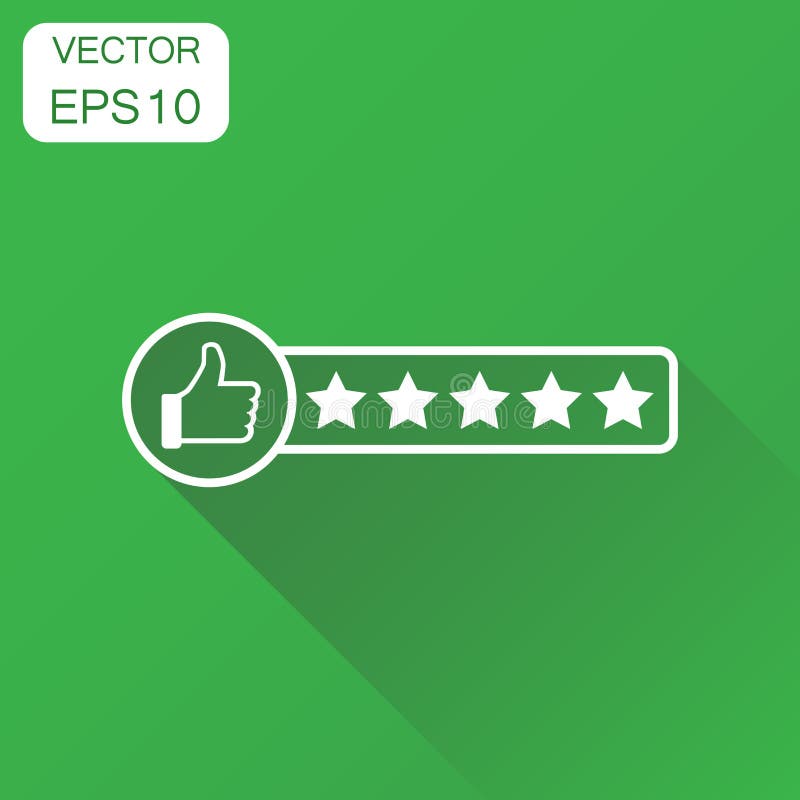 Customer review icon. Business concept thumb up with stars rating pictogram. Vector illustration on green background with long shadow. Customer review icon. Business concept thumb up with stars rating pictogram. Vector illustration on green background with long shadow.