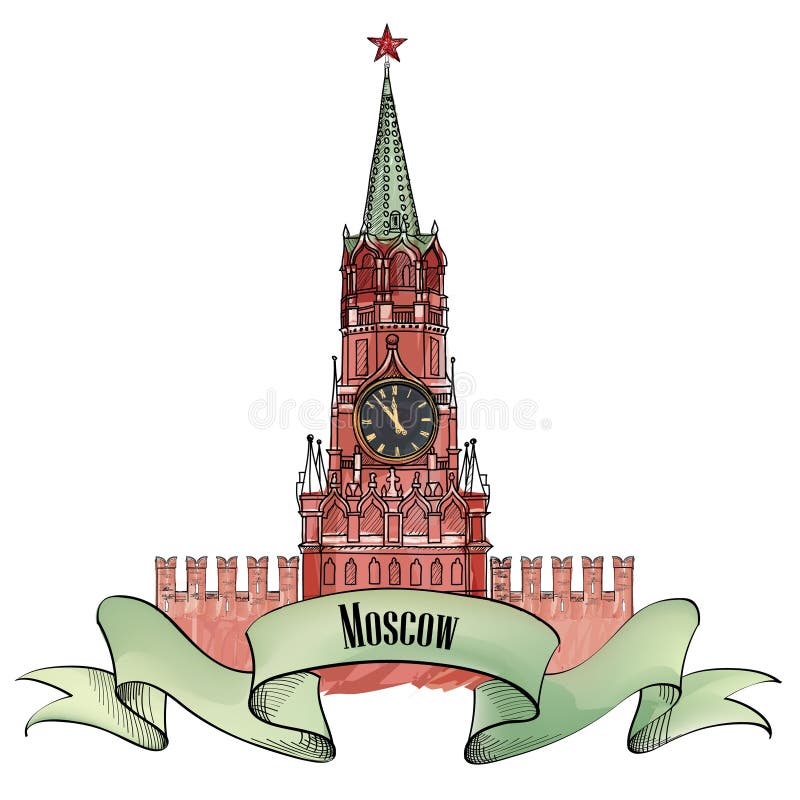 Moscow city symbol. Spasskaya tower  Red Square  Kremlin  Moscow  Russia. Travel icon sketch vector illustration. Moscow city symbol. Spasskaya tower  Red Square  Kremlin  Moscow  Russia. Travel icon sketch vector illustration.