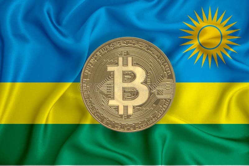 Золотая монета bitcoin флага Руанды на фоне флага. Концепция децентрализации валюты bitcoin 3drendering blockchain в стране.