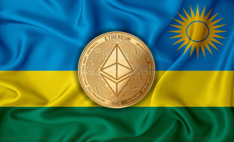 Золотая монета ethereum флага Руанды на фоне флага. Концепция децентрализации валюты bitcoin blockchain в стране. стоковая фотография