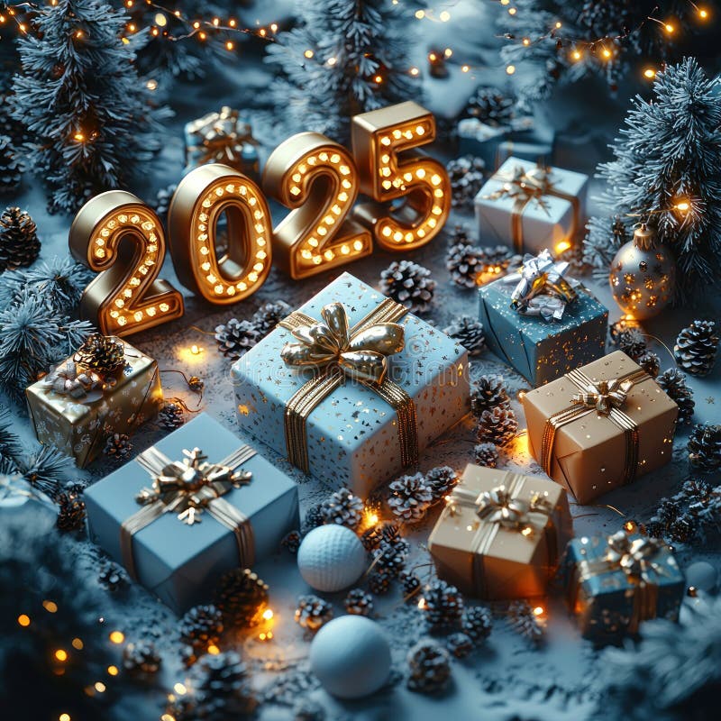 Золотое подсвеченное 2025 в заснеженном лесу с праздничными украшениями и завернутыми подарками Генеративный ИИ бесплатная иллюстрация