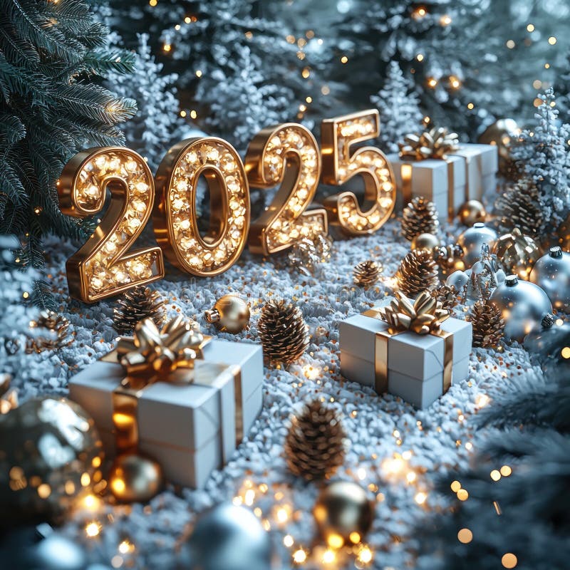 Золотое освещенное '2025' в заснеженном лесу с праздничными украшениями и завернутыми подарками. Генеративный ИИ иллюстрация вектора