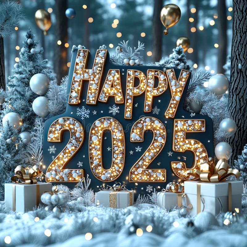 Золотое, освещенное число 2025 в заснеженном лесу с праздничными украшениями и завернутыми подарками, созданное генеративным ИИ иллюстрация штока