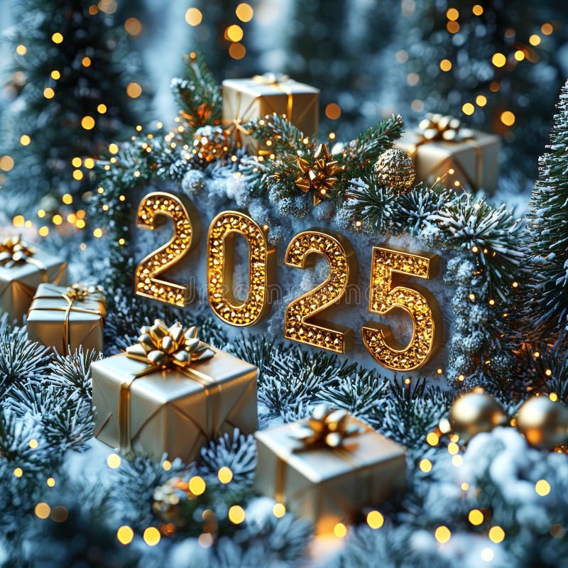 Золотое светящееся 2025 в заснеженном лесу с праздничными украшениями и завернутыми подарками. Генеративный ИИ бесплатная иллюстрация