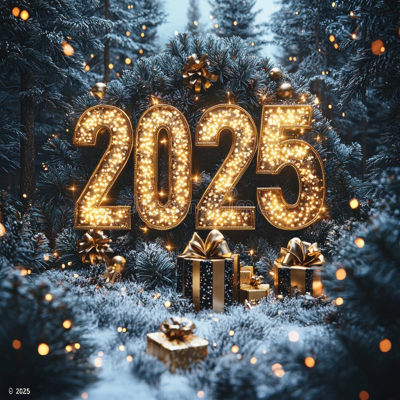 Золотое освещение 2025 в заснеженном лесу с праздничными украшениями и завернутыми подарками Генеративный ИИ иллюстрация штока