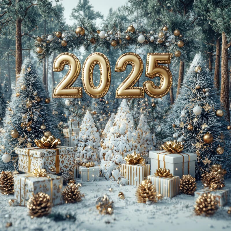 Золотой светящийся 2025 в заснеженном лесу с праздничными украшениями и завернутыми подарками, сгенерировано ИИ иллюстрация вектора