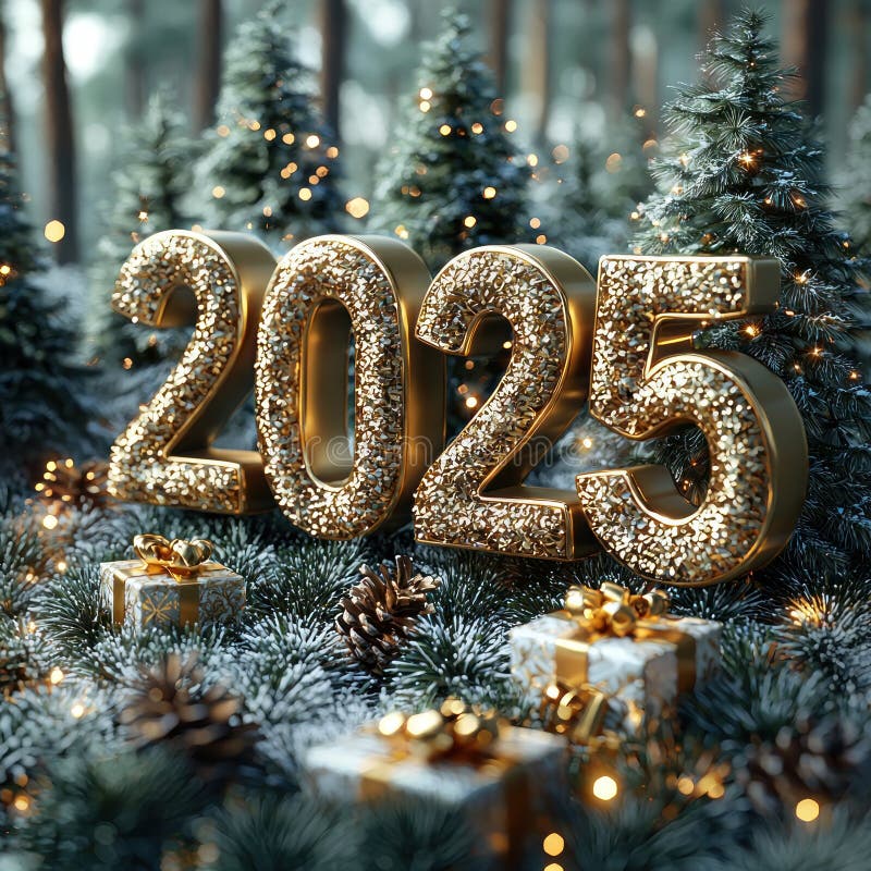 Золотое, освещенное 2025 в заснеженном лесу с праздничными украшениями и завернутыми подарками. Генеративный ИИ бесплатная иллюстрация