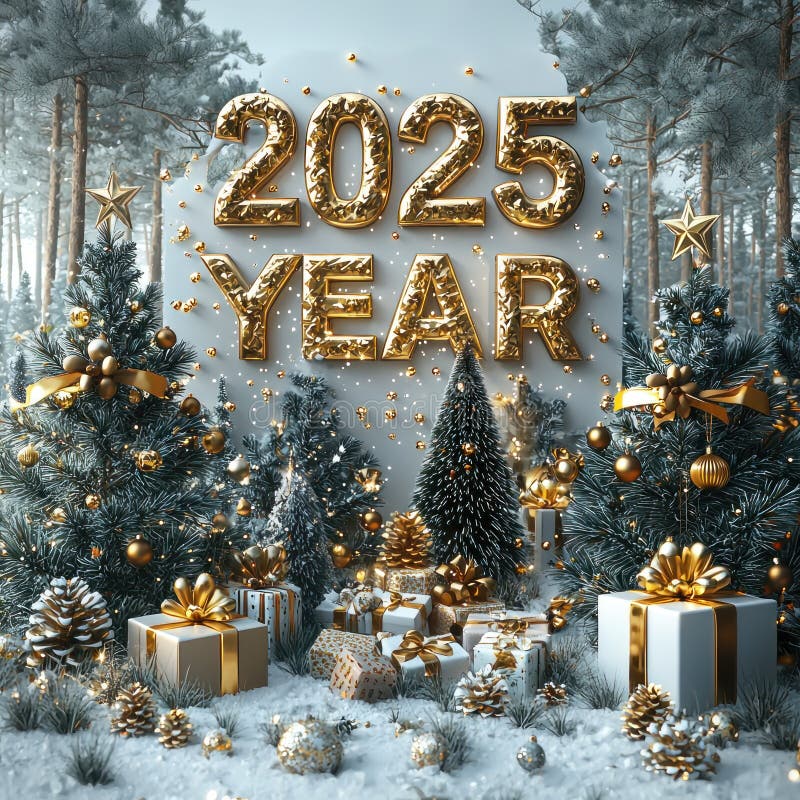 Золотое освещенное число 2025 в заснеженном лесу с праздничными украшениями и завернутыми подарками, сгенерировано ИИ иллюстрация вектора