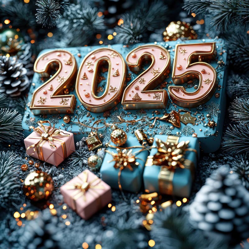 Золотой, освещённый 2025 год в заснеженном лесу с праздничными украшениями и завёрнутыми подарками. Генеративный ИИ бесплатная иллюстрация