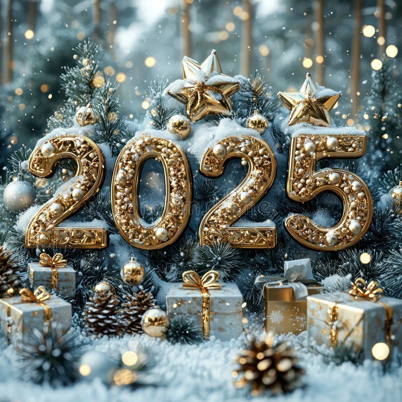 Золотой, освещенный 2025 год в заснеженном лесу с праздничными украшениями и завернутыми подарками. Генеративный ИИ бесплатная иллюстрация