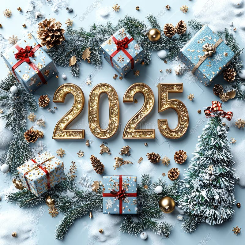 Золотое освещенное 2025 в заснеженном лесу с праздничными украшениями и завернутыми подарками. Генеративный ИИ иллюстрация вектора