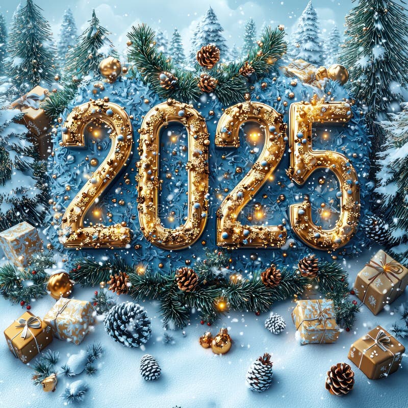 Золотое, освещённое 2025 в заснеженном лесу с праздничными украшениями и завернутыми подарками, сгенерировано ИИ иллюстрация вектора