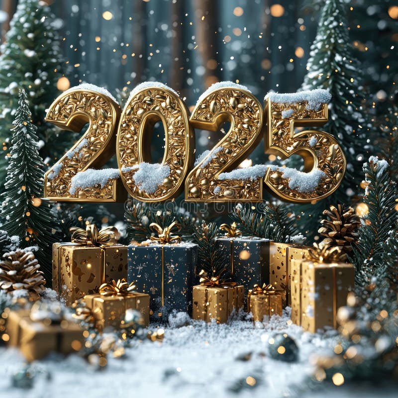 Золотой, освещенный 2025 год в заснеженном лесу с праздничными украшениями и завернутыми подарками. Генеративный ИИ иллюстрация вектора