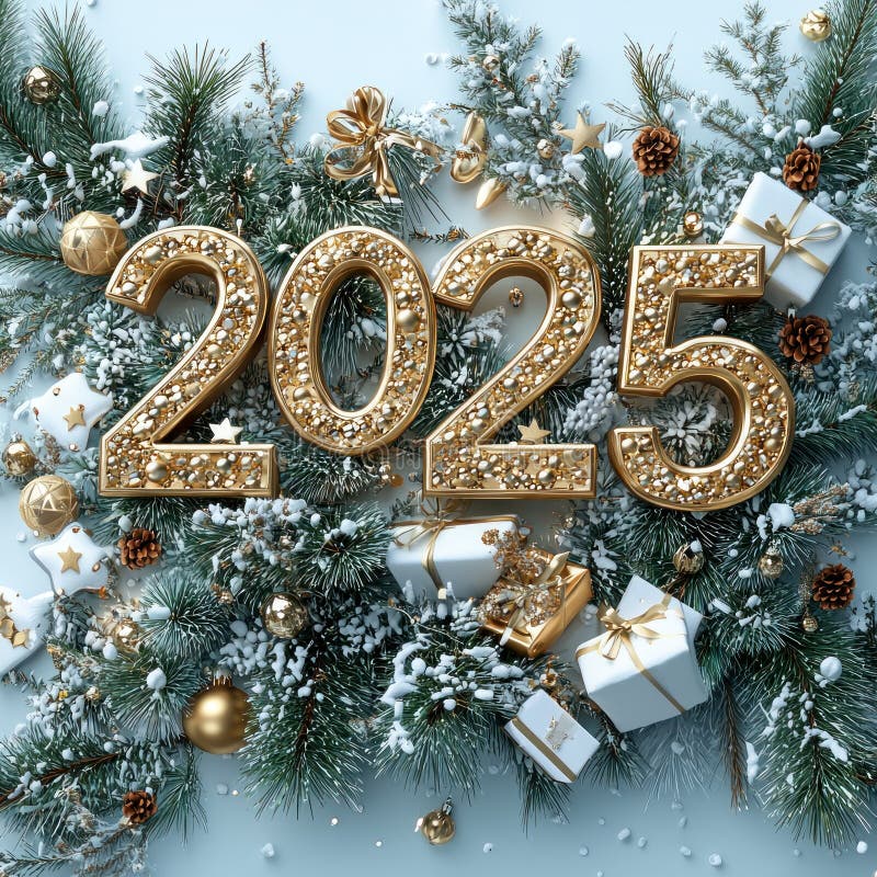 Золотое светящееся 2025 в заснеженном лесу с праздничными украшениями и завернутыми подарками Генеративный ИИ бесплатная иллюстрация